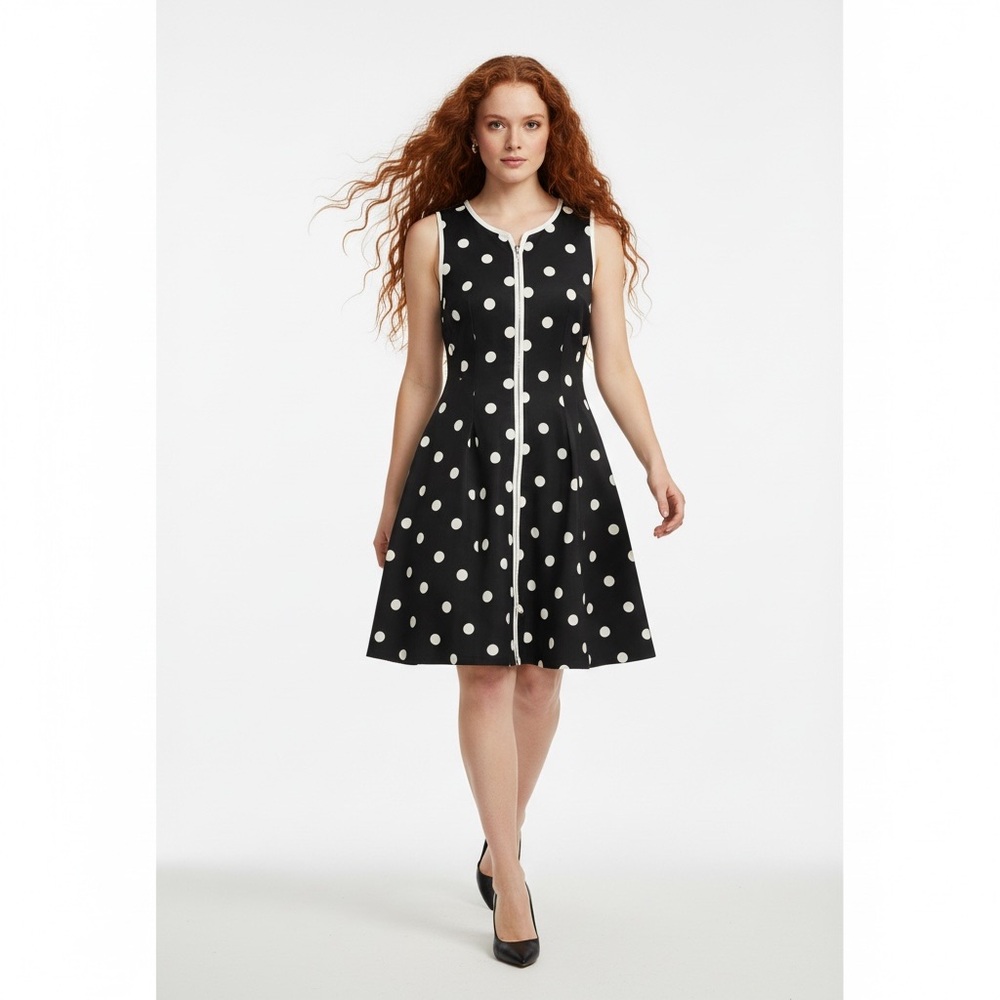 Betsey Johnson Polka Dot Fit & Flare Dress | Front Zip Sleeveless | Size 6